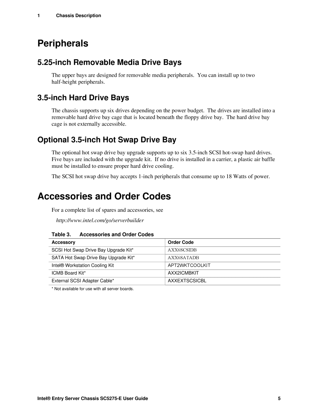 Intel C50277-001, SC5275-E Peripherals, Accessories and Order Codes, Inch Removable Media Drive Bays, Inch Hard Drive Bays 