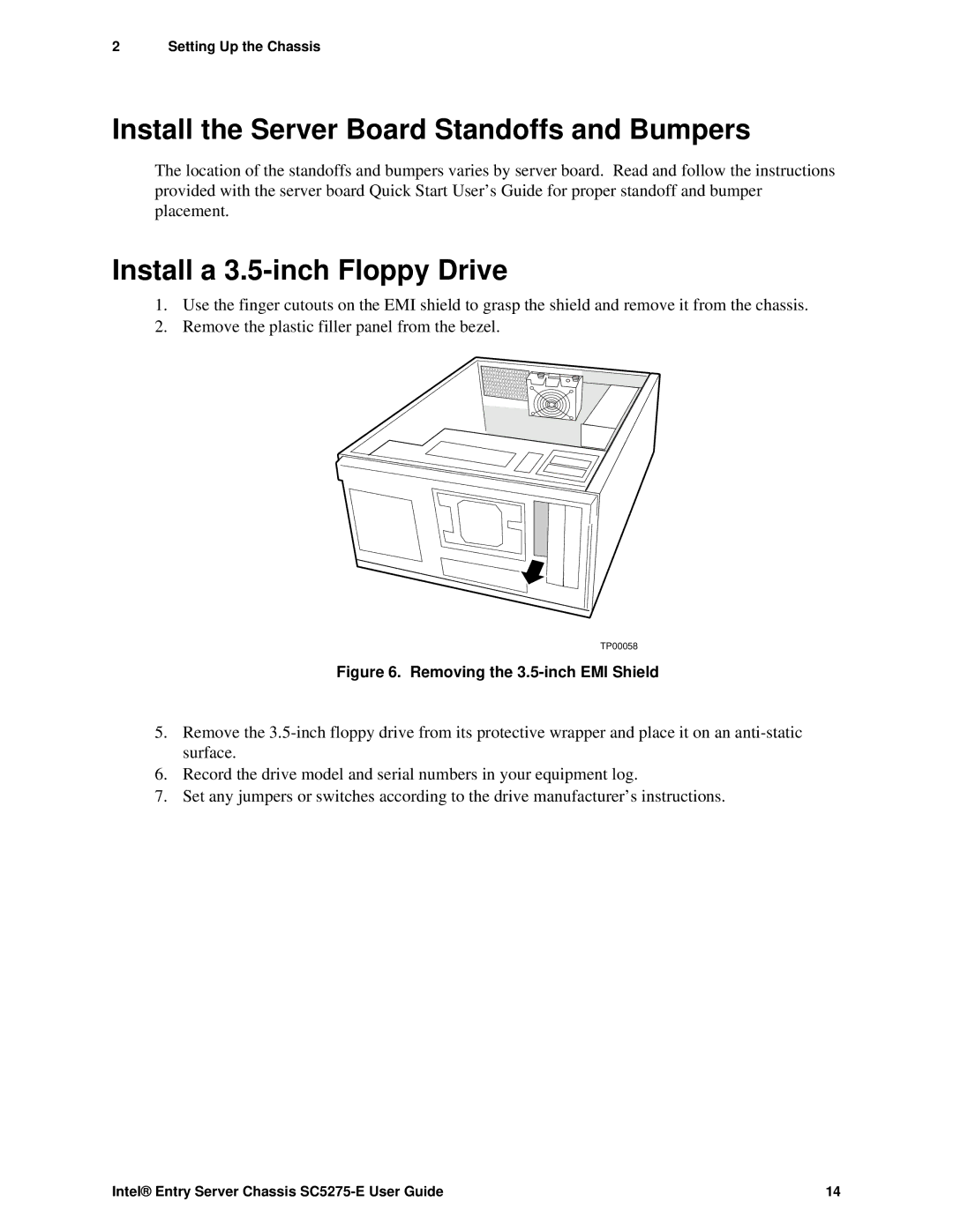 Intel SC5275-E, C50277-001 manual Install the Server Board Standoffs and Bumpers, Install a 3.5-inch Floppy Drive 