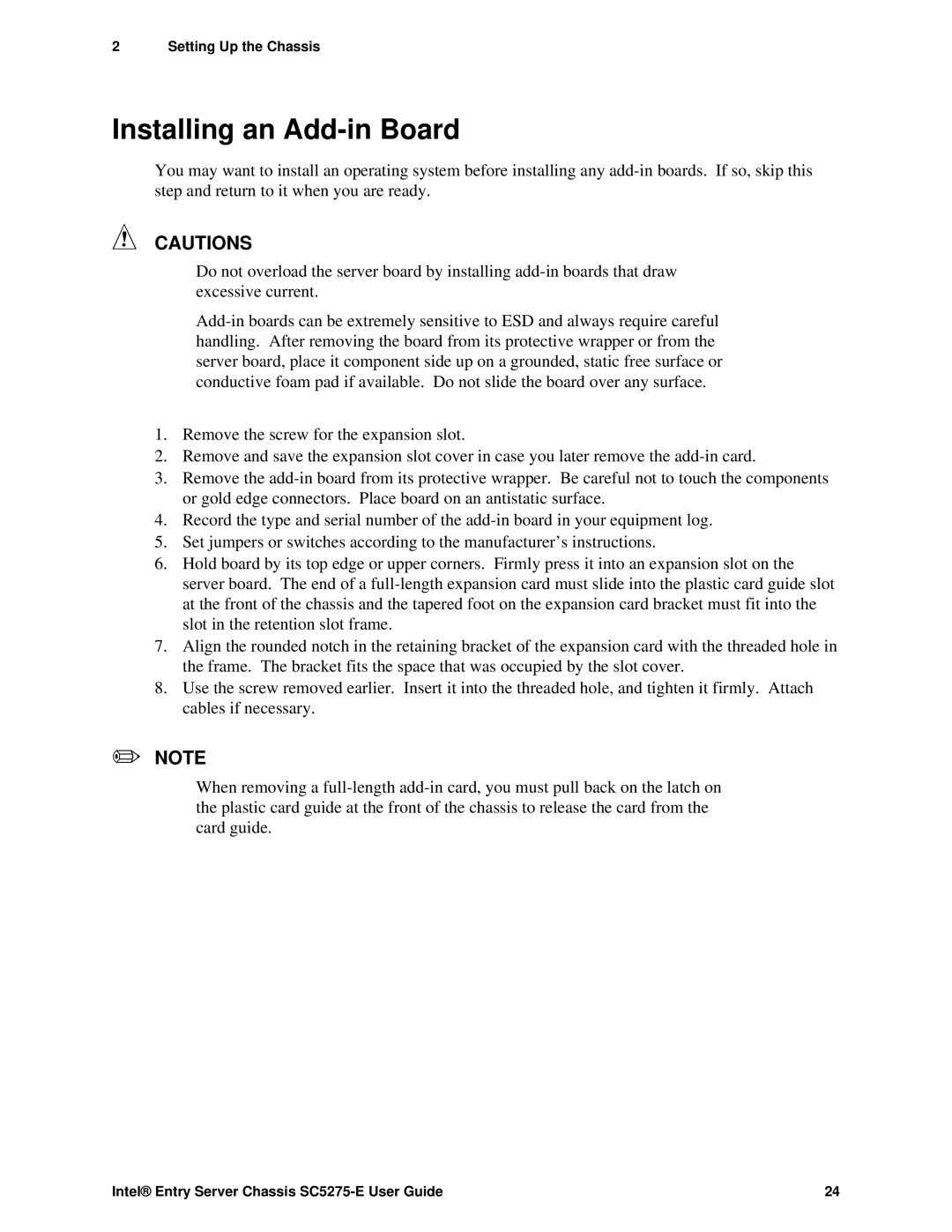 Intel SC5275-E, C50277-001 manual Installing an Add-in Board 