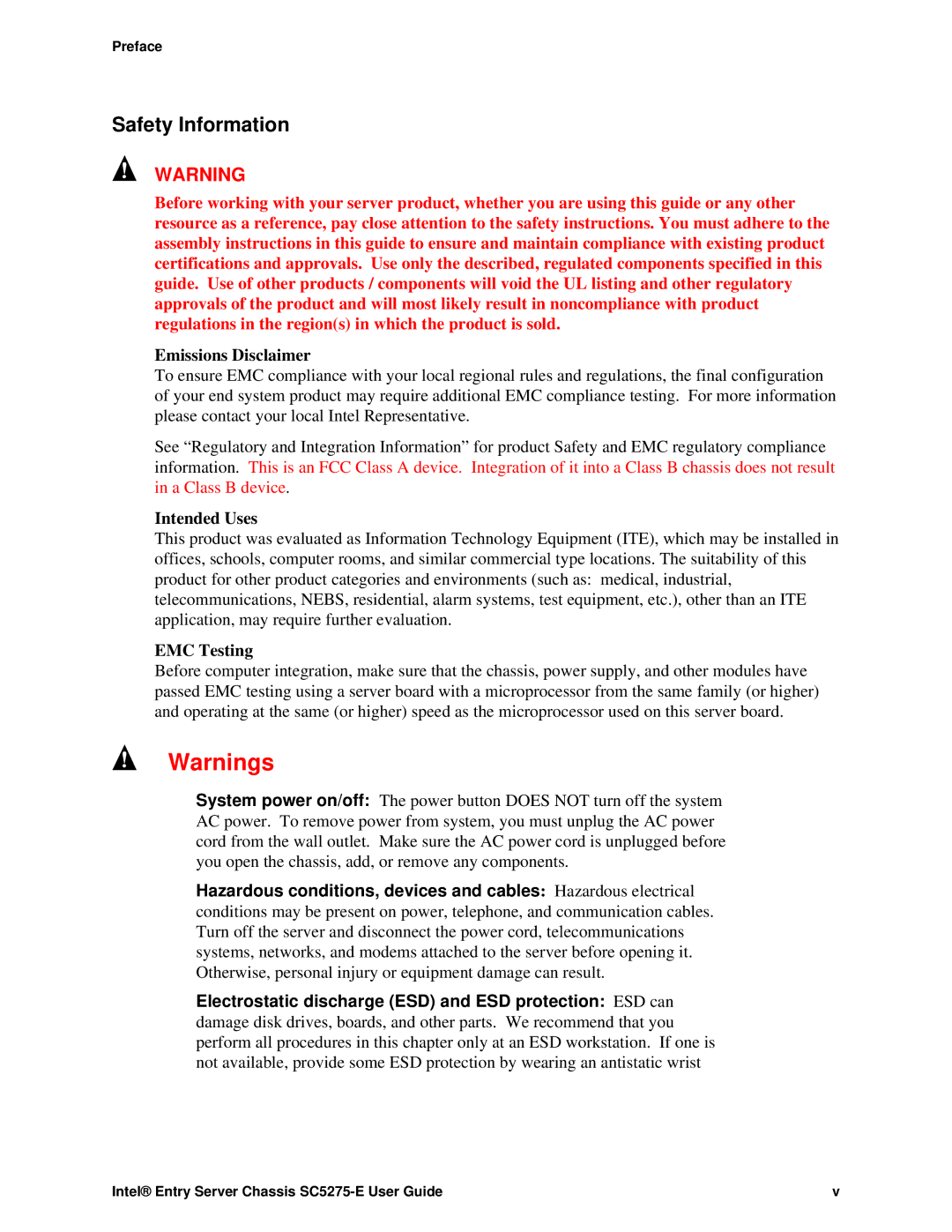 Intel C50277-001, SC5275-E manual Safety Information, Emissions Disclaimer 