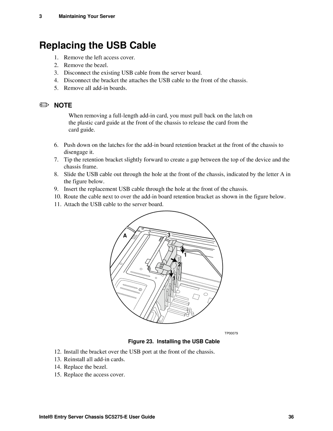 Intel SC5275-E, C50277-001 manual Replacing the USB Cable, Installing the USB Cable 