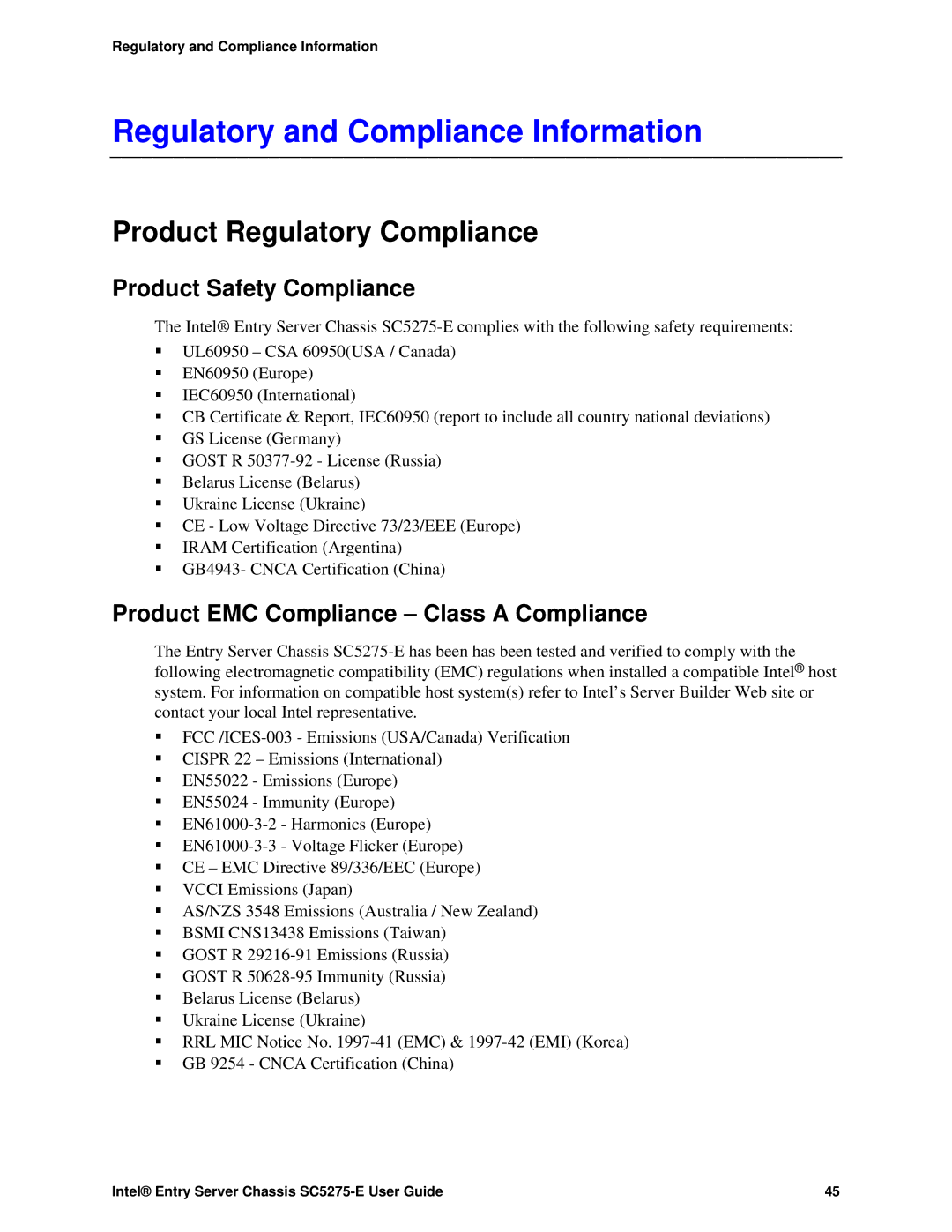 Intel C50277-001, SC5275-E Regulatory and Compliance Information, Product Regulatory Compliance, Product Safety Compliance 