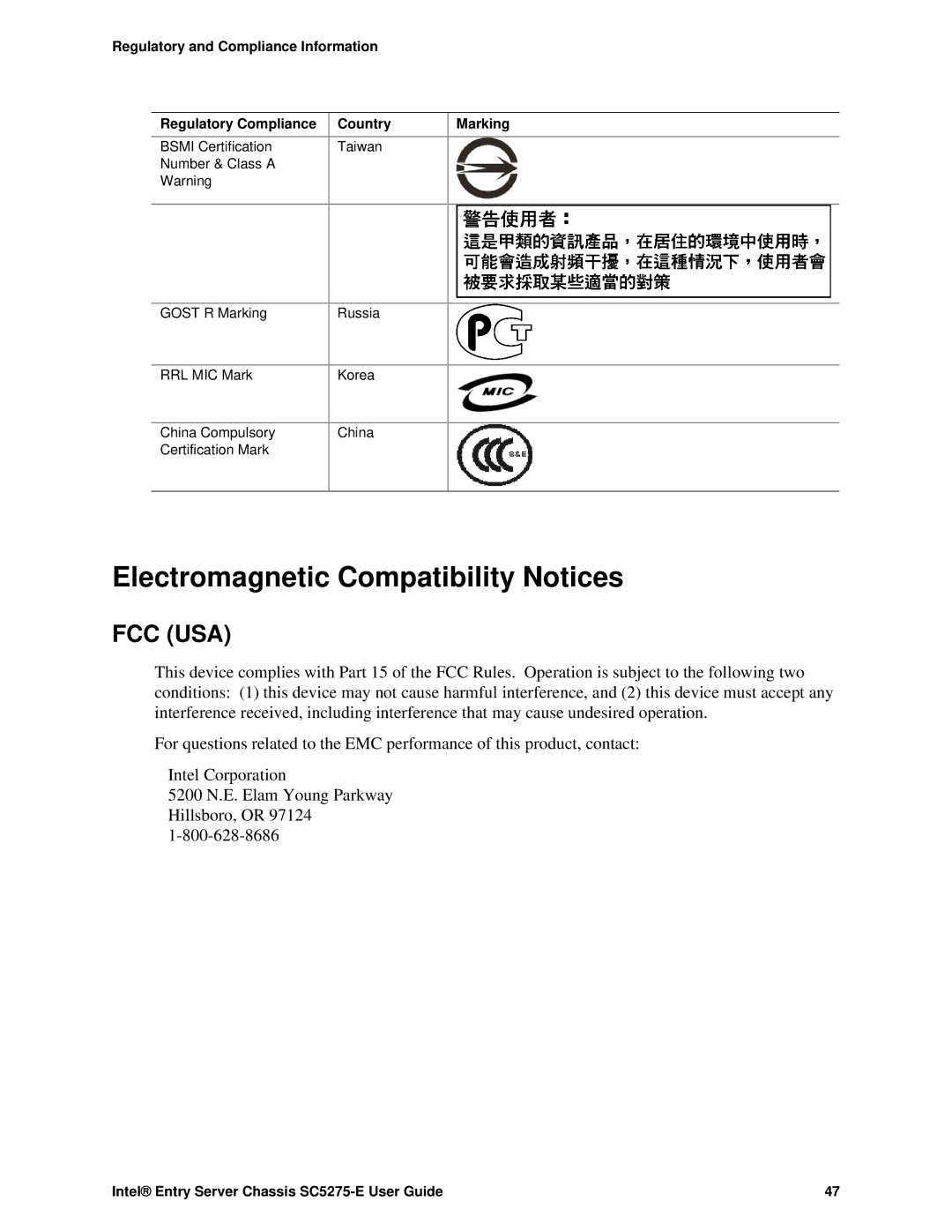 Intel C50277-001, SC5275-E manual Electromagnetic Compatibility Notices, Fcc Usa 