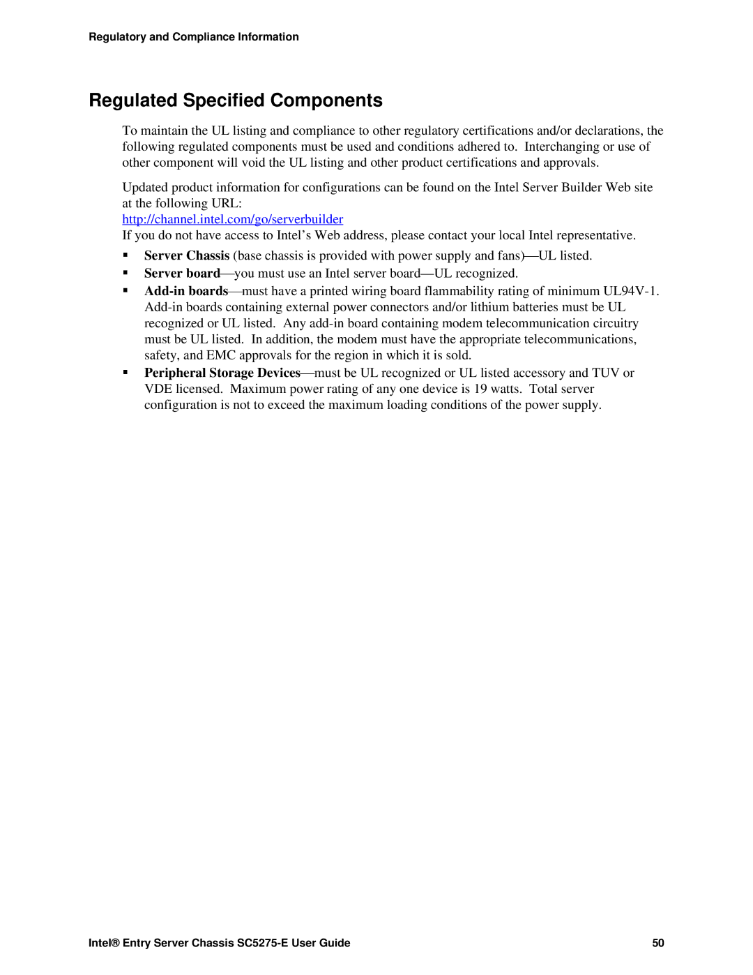 Intel SC5275-E, C50277-001 manual Regulated Specified Components 