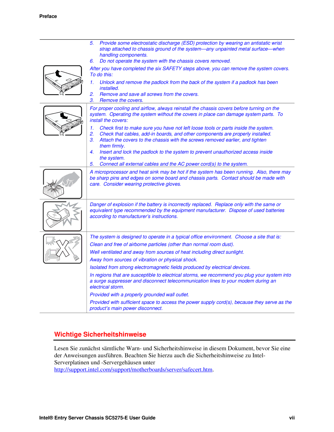 Intel C50277-001, SC5275-E manual Wichtige Sicherheitshinweise 