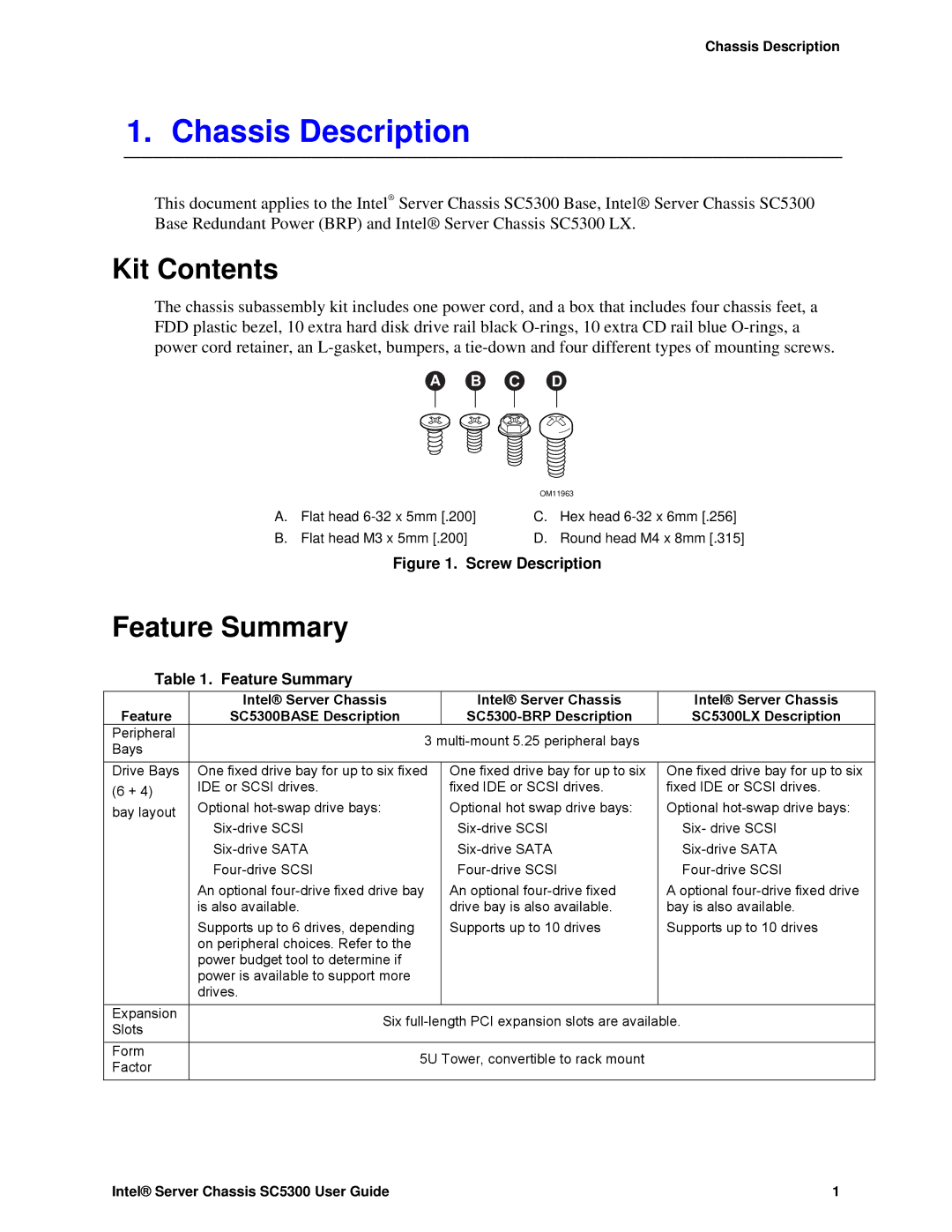 Intel SC5300 BRP, SC5300 LX manual Chassis Description, Kit Contents, Feature Summary 