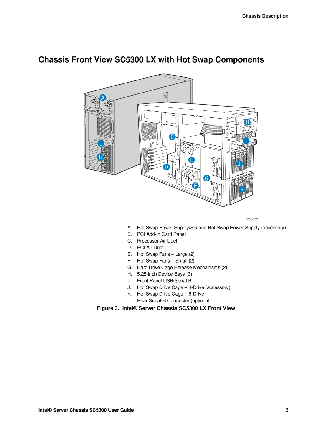 Intel SC5300 BRP manual Chassis Front View SC5300 LX with Hot Swap Components, Intel Server Chassis SC5300 LX Front View 