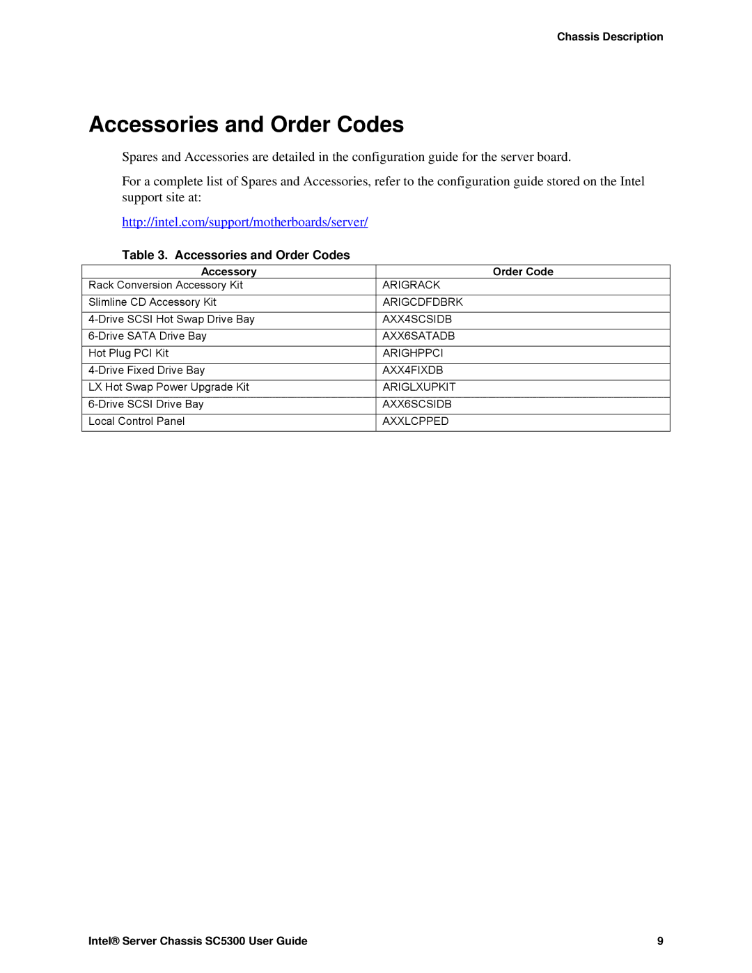 Intel SC5300 LX, SC5300 BRP manual Accessories and Order Codes 