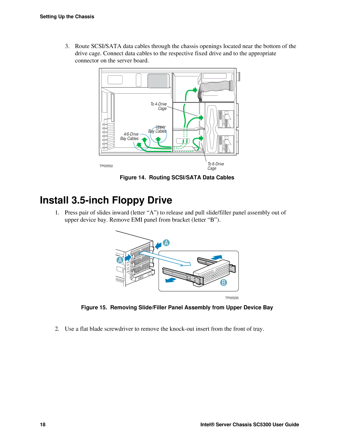 Intel SC5300 LX, SC5300 BRP manual Install 3.5-inch Floppy Drive, Routing SCSI/SATA Data Cables 