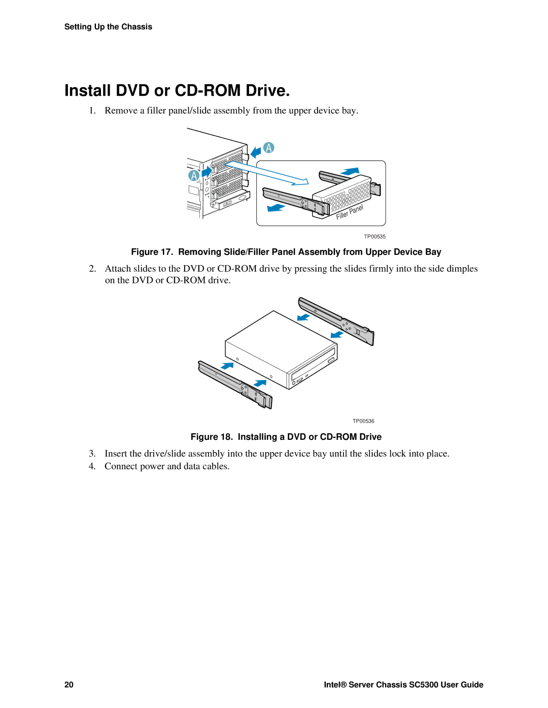 Intel SC5300 LX, SC5300 BRP manual Install DVD or CD-ROM Drive, Installing a DVD or CD-ROM Drive 