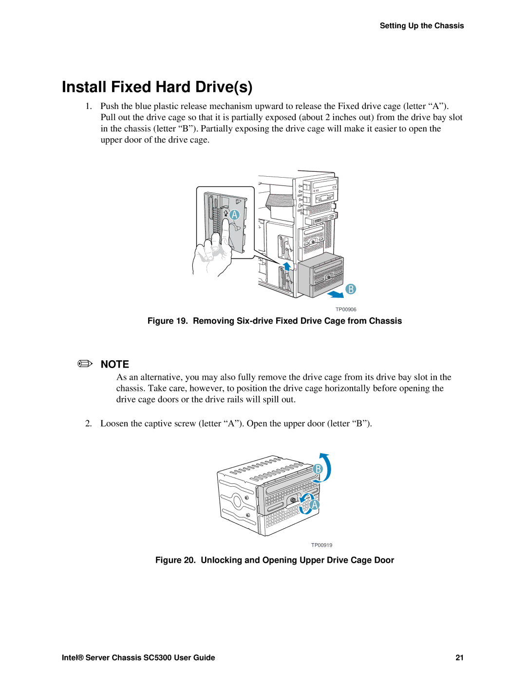 Intel SC5300 LX, SC5300 BRP manual Install Fixed Hard Drives, Removing Six-drive Fixed Drive Cage from Chassis 