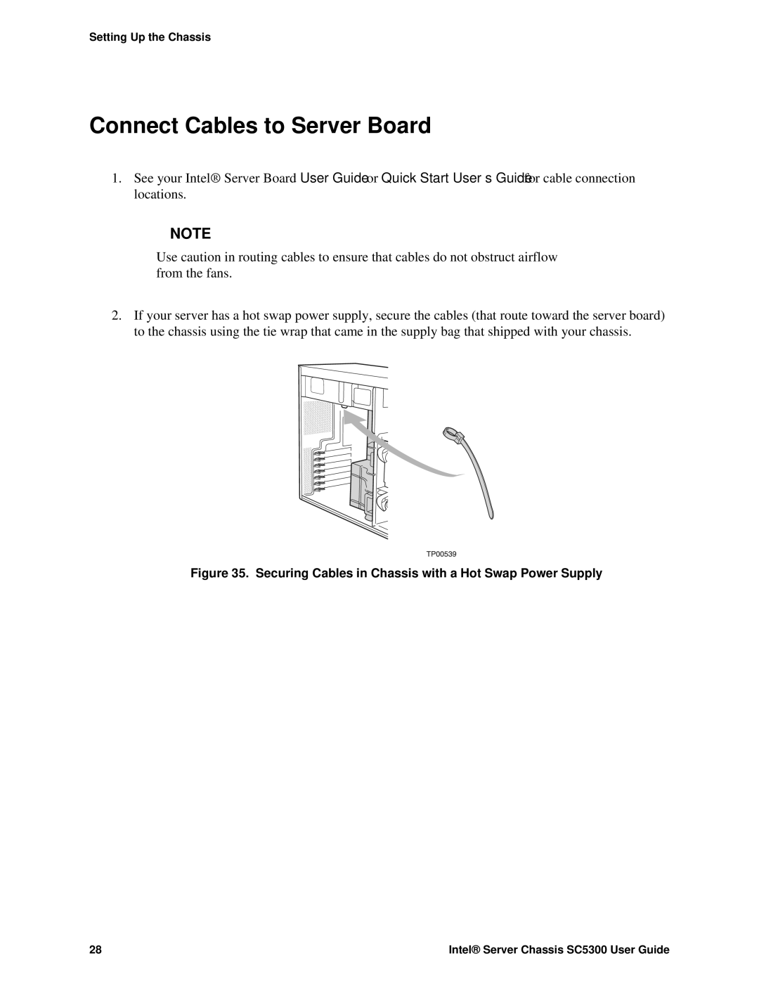 Intel SC5300 BRP, SC5300 LX manual Connect Cables to Server Board, Securing Cables in Chassis with a Hot Swap Power Supply 