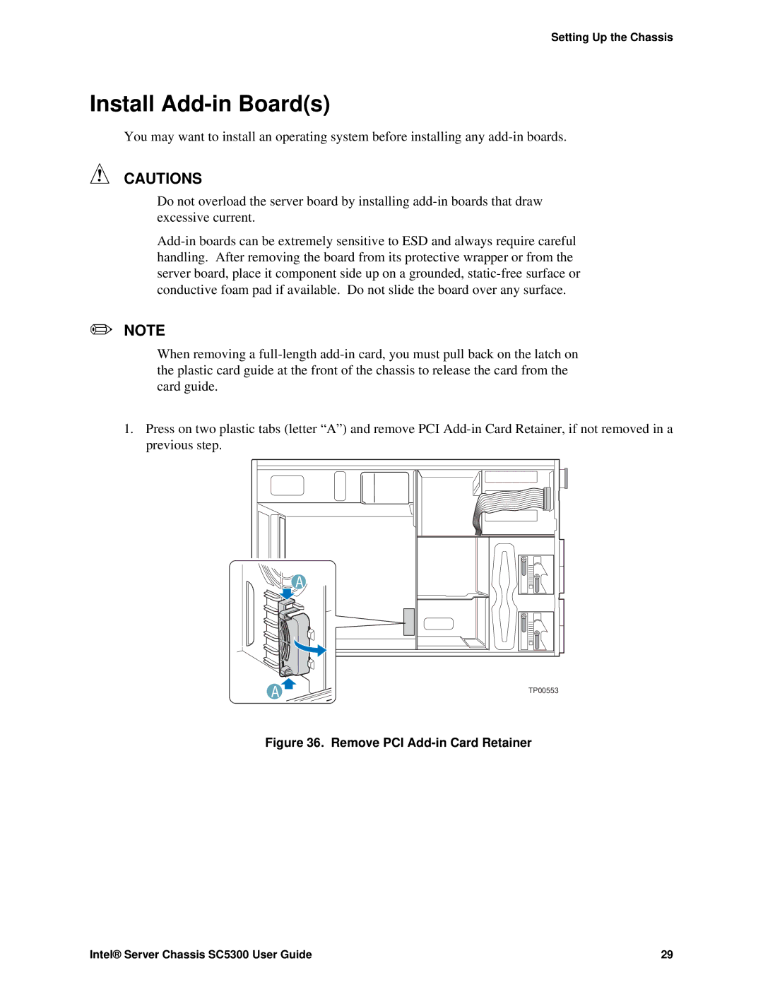 Intel SC5300 LX, SC5300 BRP manual Install Add-in Boards, Remove PCI Add-in Card Retainer 