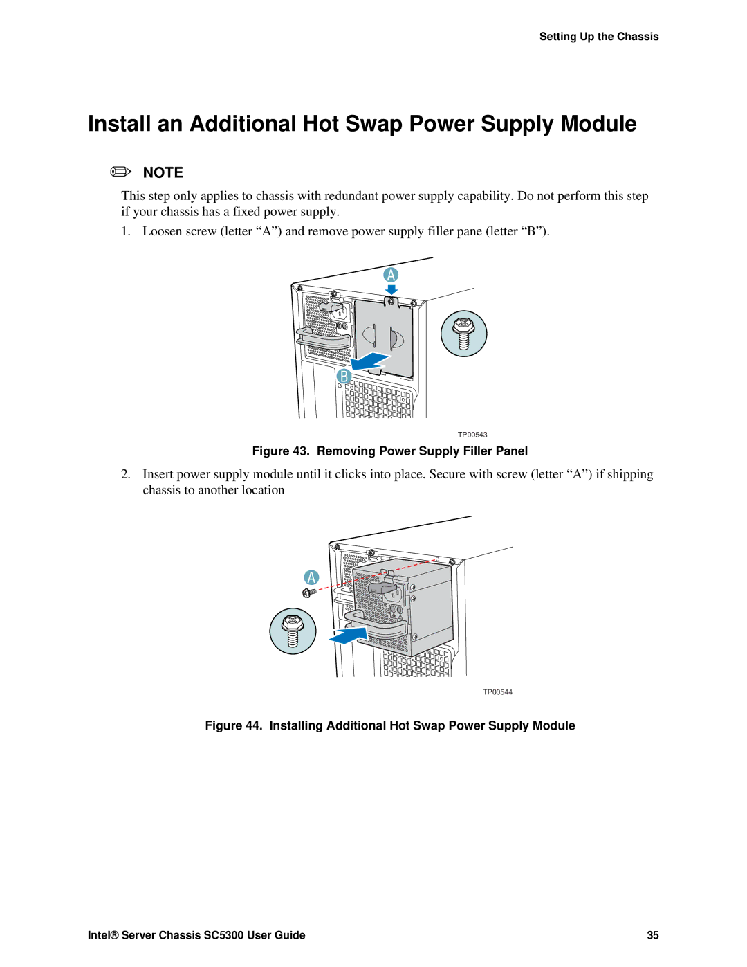 Intel SC5300 LX, SC5300 BRP manual Install an Additional Hot Swap Power Supply Module, Removing Power Supply Filler Panel 