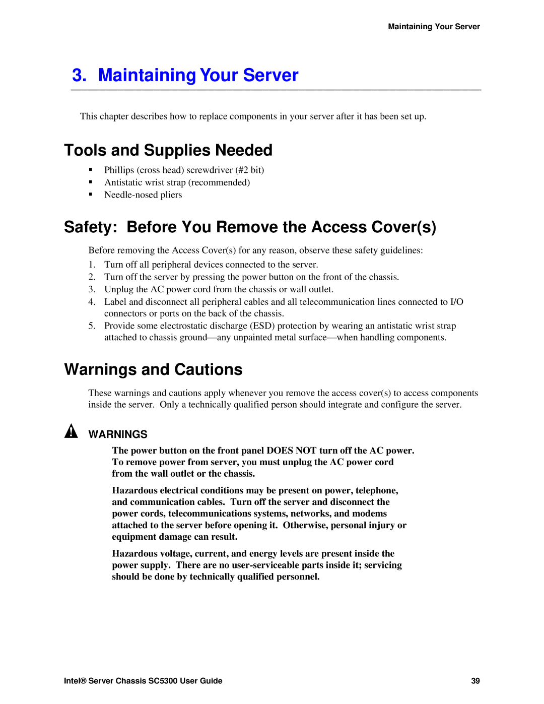 Intel SC5300 LX, SC5300 BRP manual Maintaining Your Server, Safety Before You Remove the Access Covers 