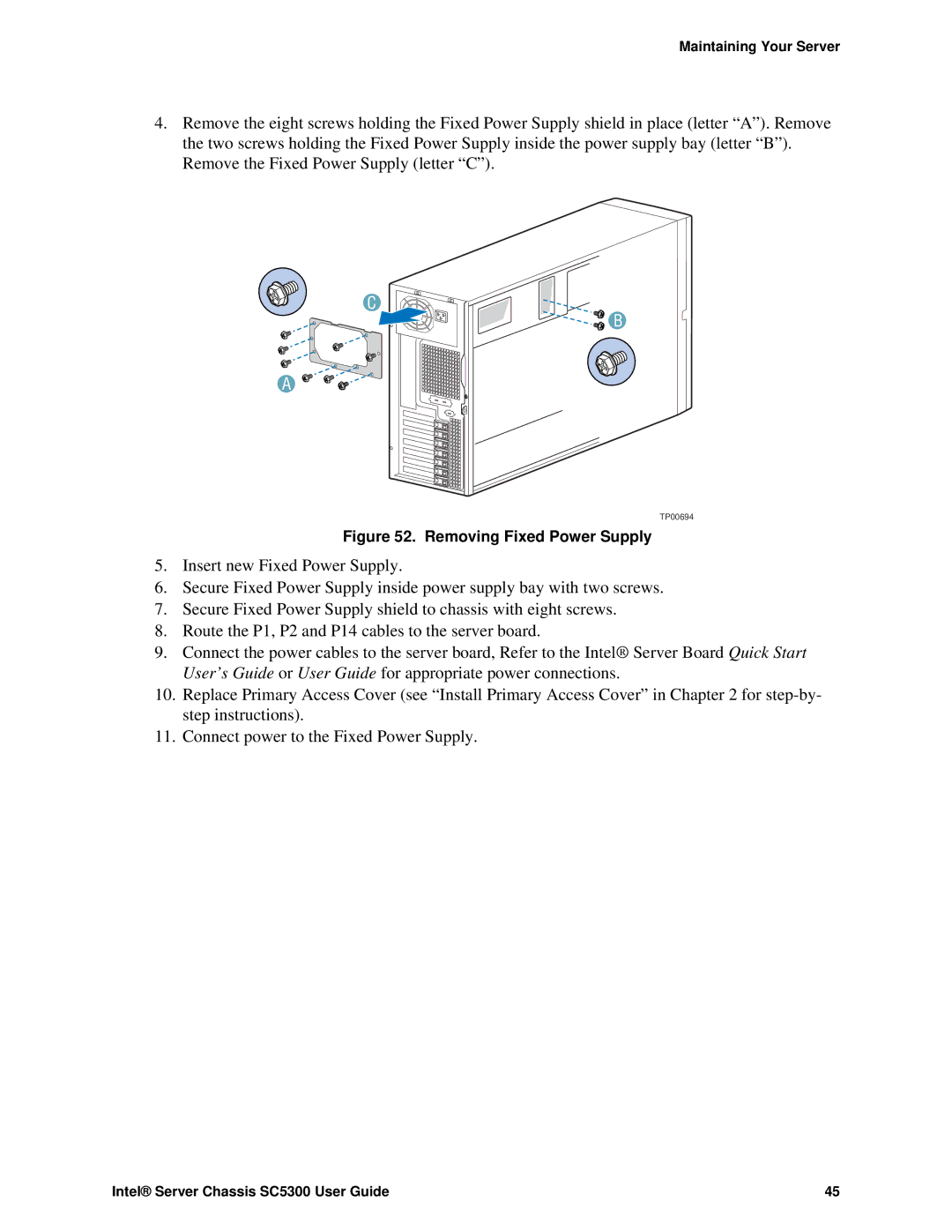 Intel SC5300 LX, SC5300 BRP manual Removing Fixed Power Supply 