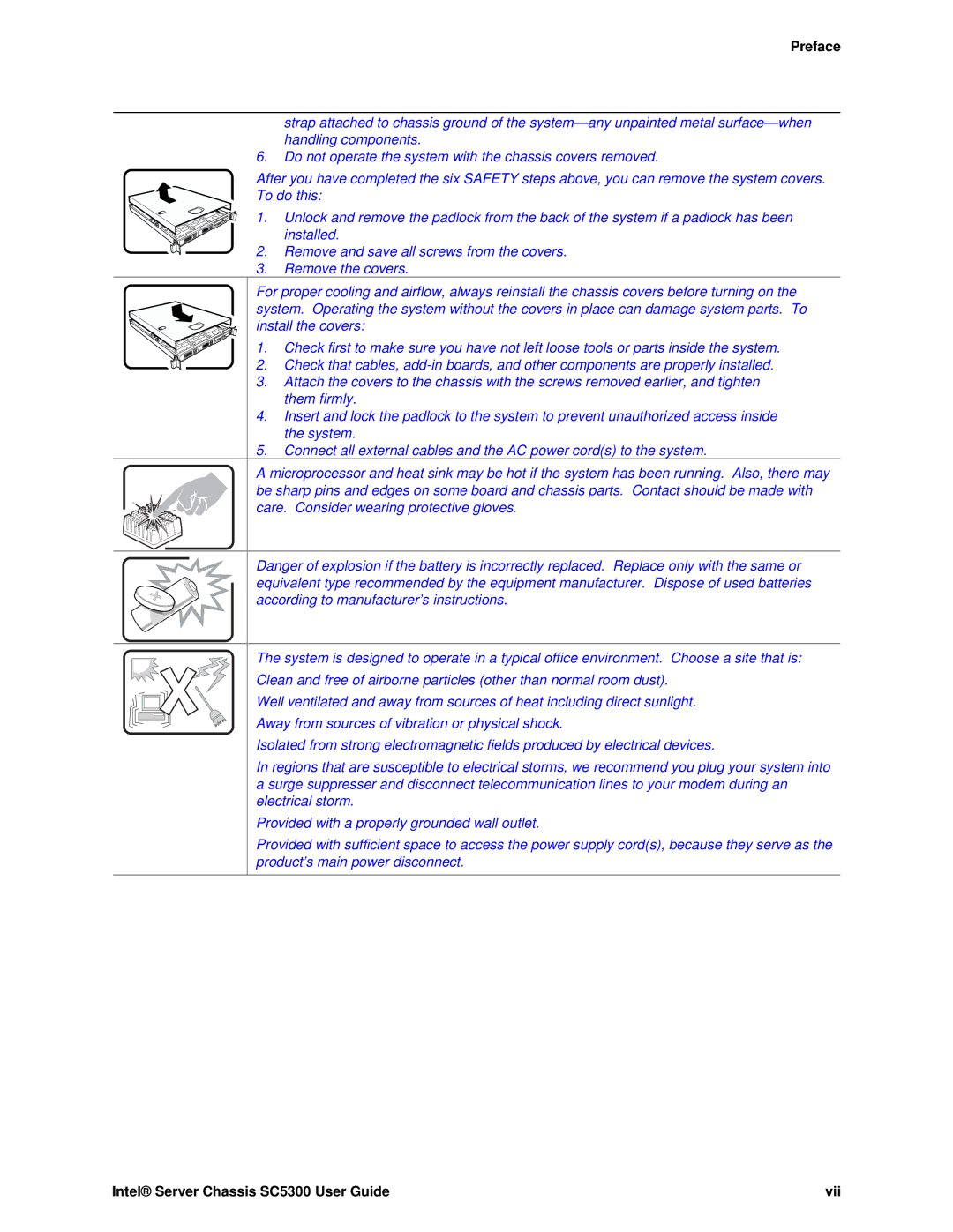 Intel SC5300 BRP, SC5300 LX manual Intel Server Chassis SC5300 User Guide Vii 