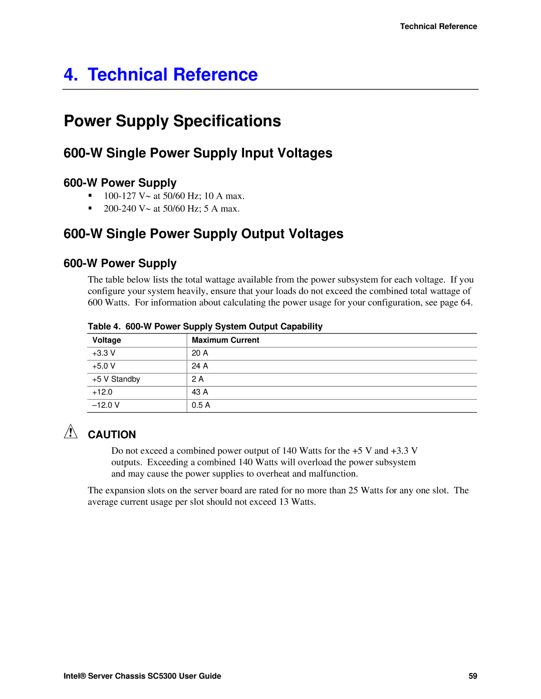 Intel SC5300 LX, SC5300 BRP manual Technical Reference, Power Supply Specifications, Single Power Supply Input Voltages 