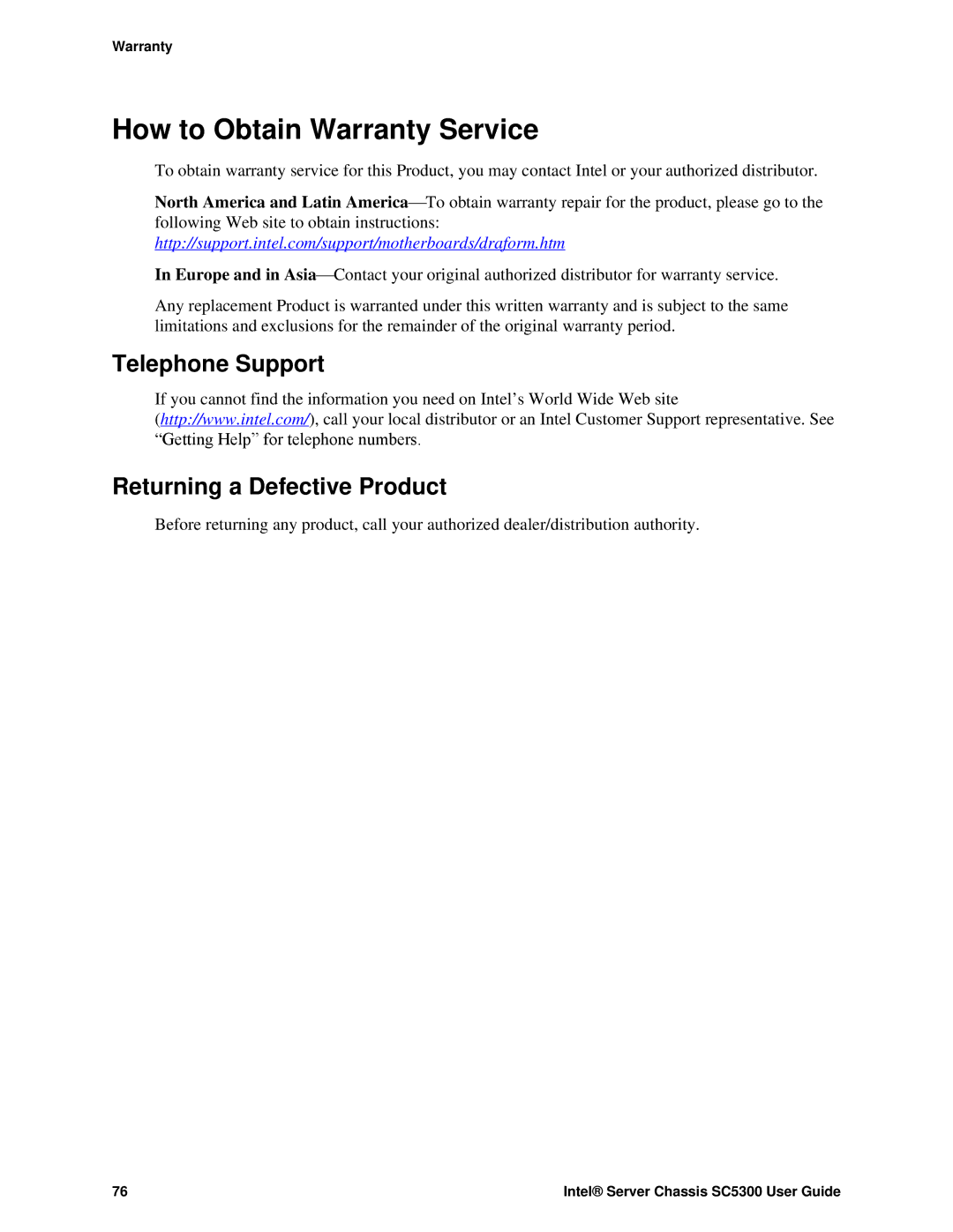 Intel SC5300 BRP, SC5300 LX manual How to Obtain Warranty Service, Telephone Support, Returning a Defective Product 