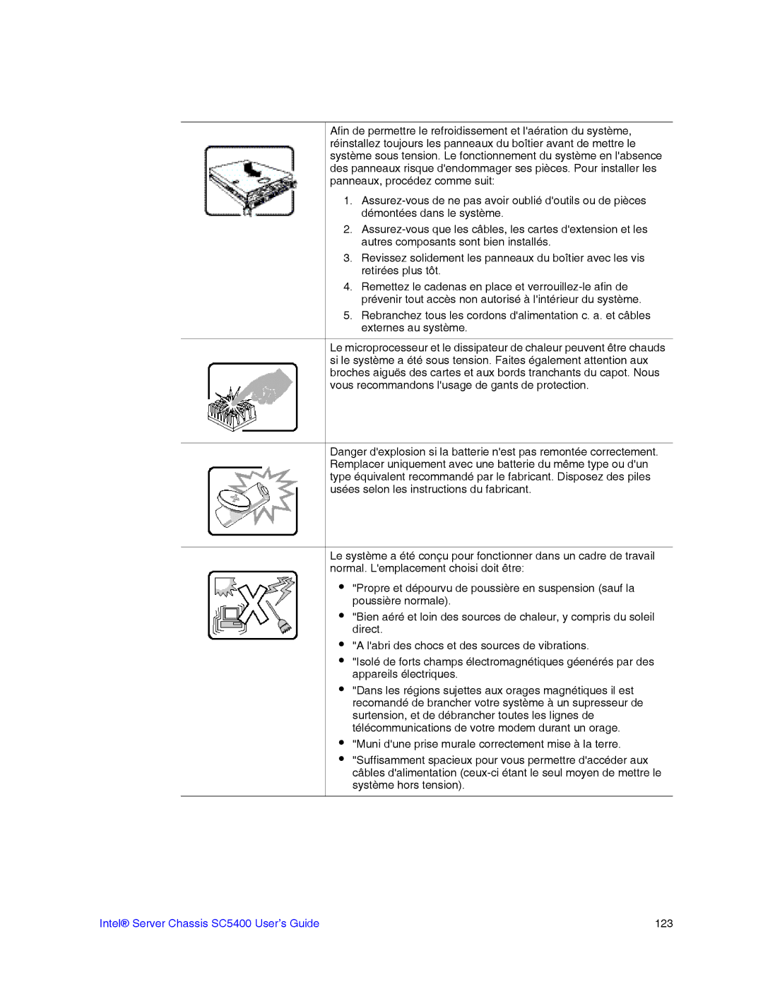 Intel manual Intel Server Chassis SC5400 User’s Guide 123 