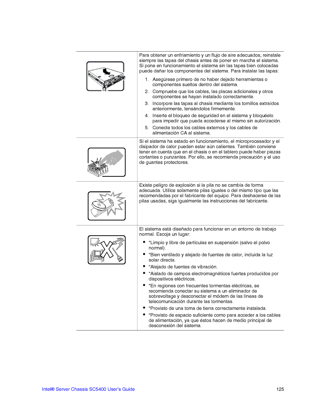 Intel manual Intel Server Chassis SC5400 User’s Guide 125 