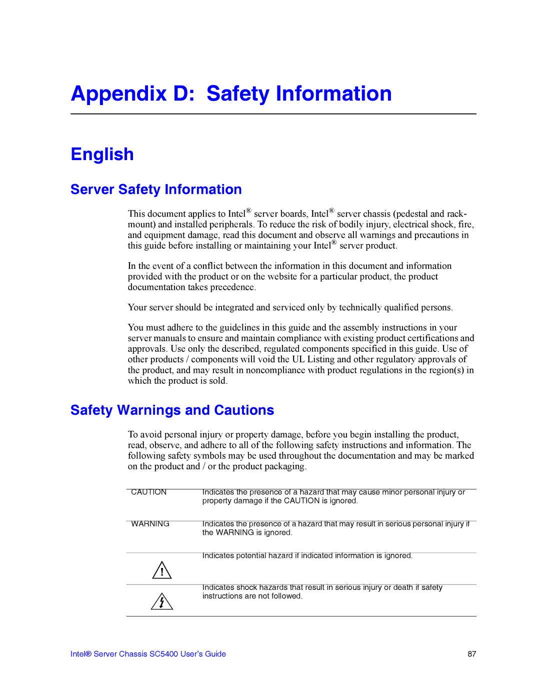 Intel SC5400 manual Server Safety Information, Safety Warnings and Cautions 