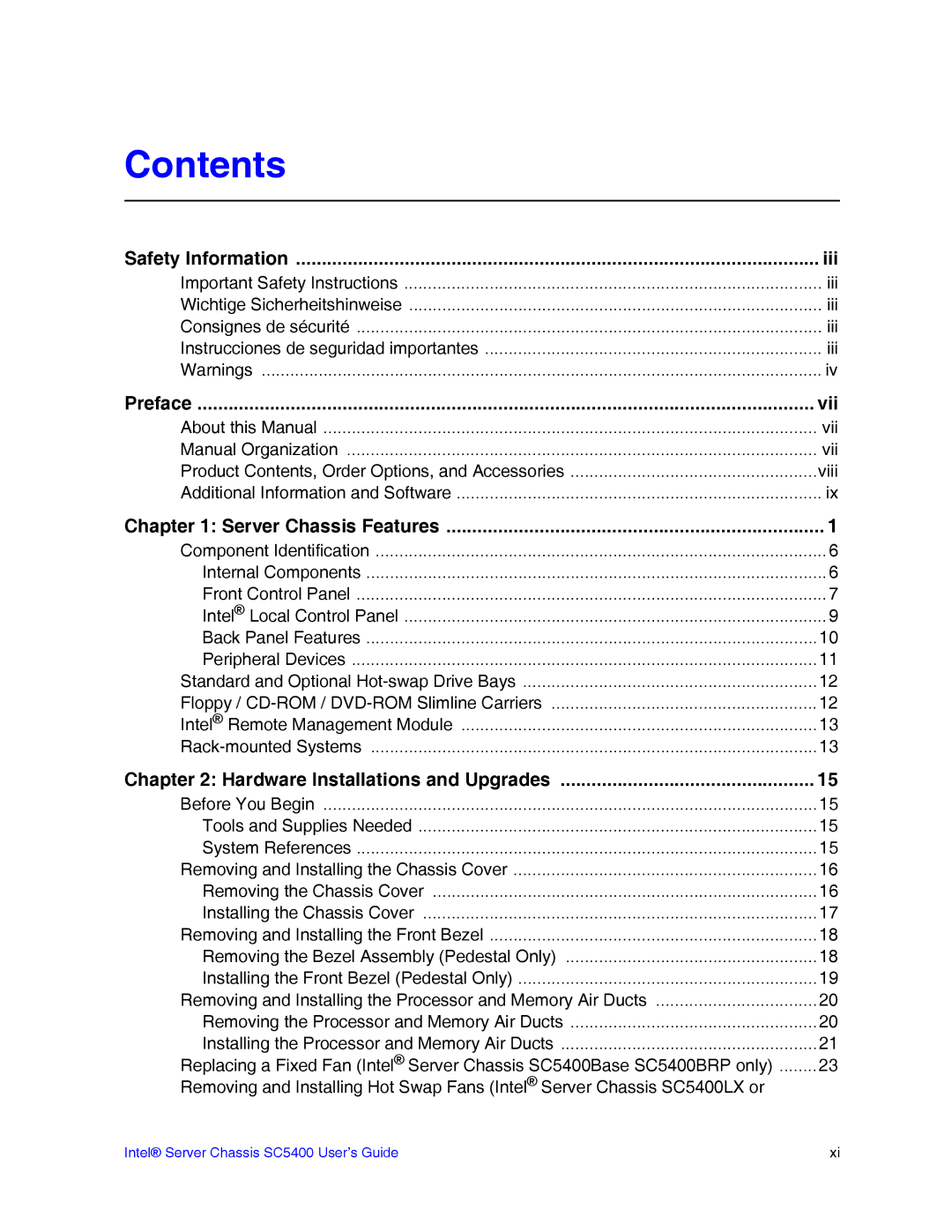 Intel SC5400 manual Contents 