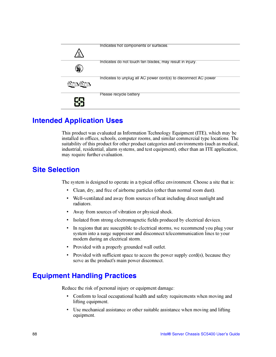 Intel SC5400 manual Intended Application Uses, Site Selection, Equipment Handling Practices 