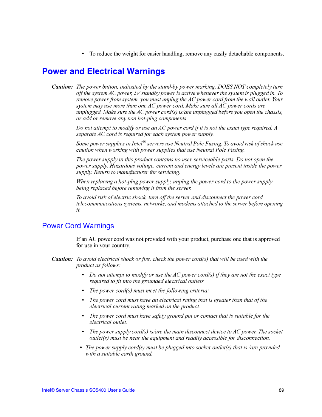 Intel SC5400 manual Power and Electrical Warnings, Power Cord Warnings 