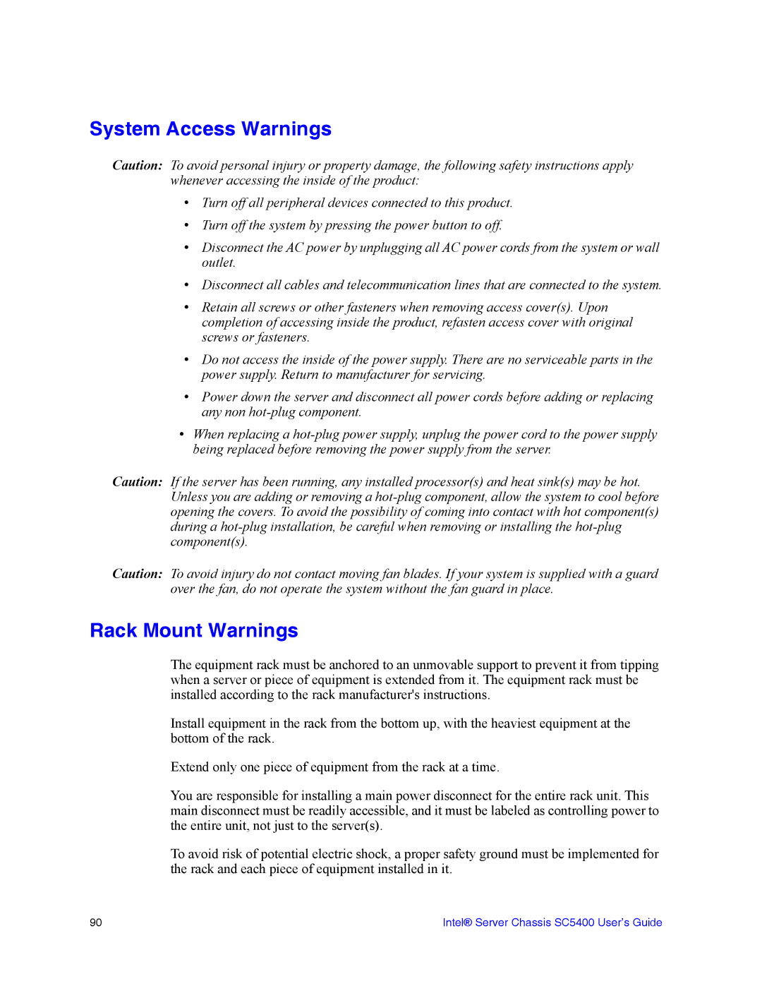 Intel SC5400 manual System Access Warnings, Rack Mount Warnings 