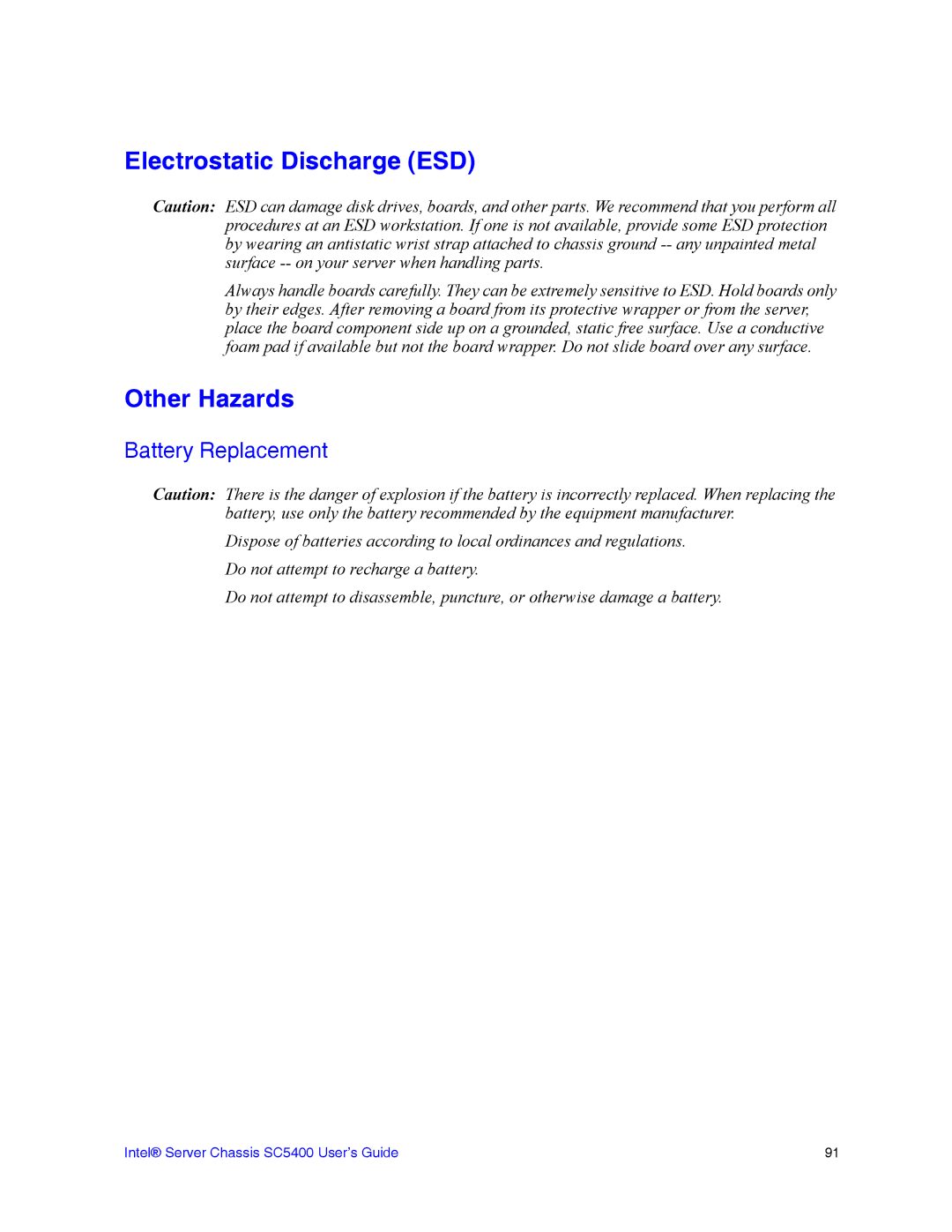 Intel SC5400 manual Electrostatic Discharge ESD, Other Hazards, Battery Replacement 