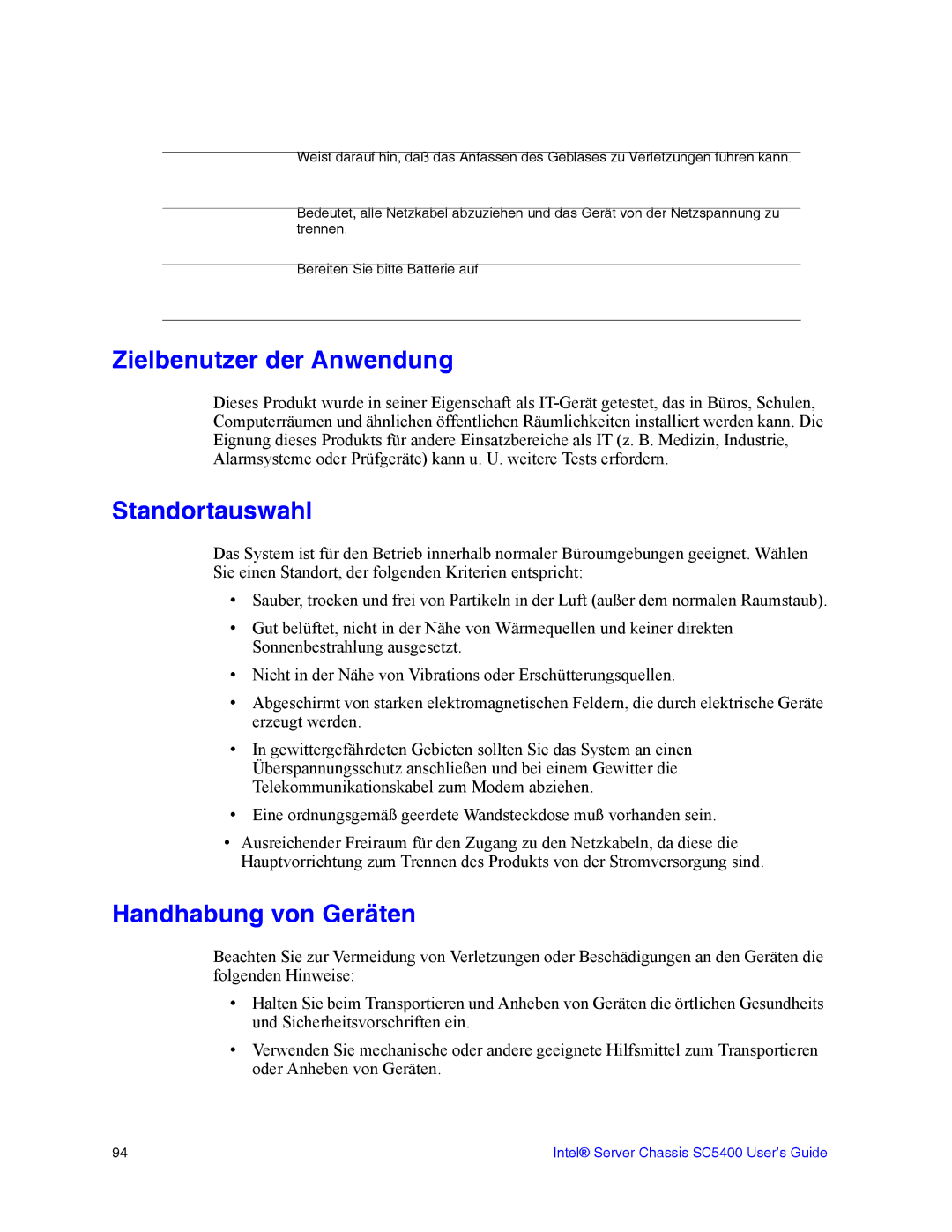 Intel SC5400 manual Zielbenutzer der Anwendung, Standortauswahl, Handhabung von Geräten 