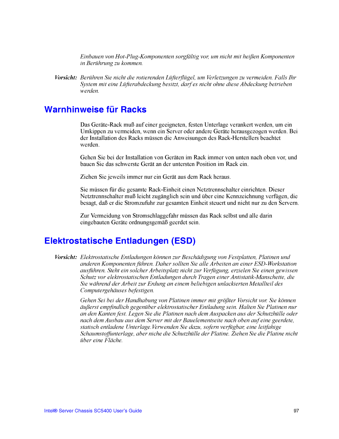 Intel SC5400 manual Warnhinweise für Racks, Elektrostatische Entladungen ESD 