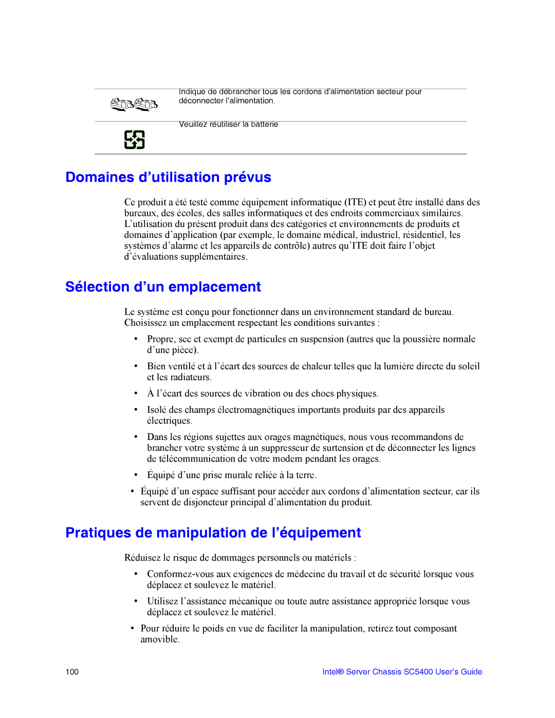 Intel SC5400 manual Domaines d’utilisation prévus, Sélection d’un emplacement, Pratiques de manipulation de l’équipement 