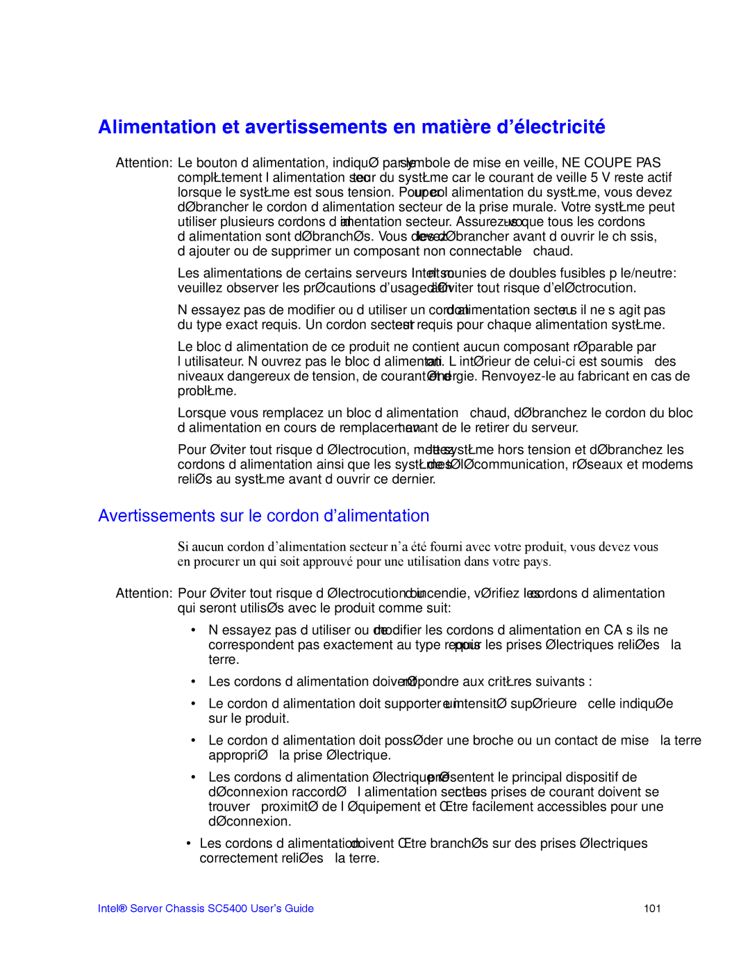 Intel SC5400 manual Alimentation et avertissements en matière d’électricité, Avertissements sur le cordon d’alimentation 