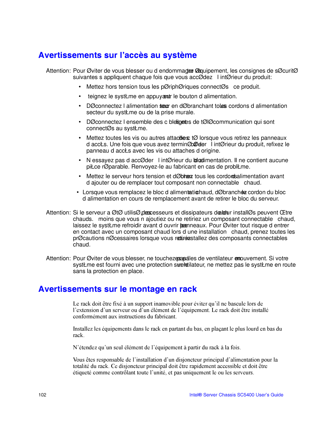 Intel SC5400 manual Avertissements sur l’accès au système, Avertissements sur le montage en rack 