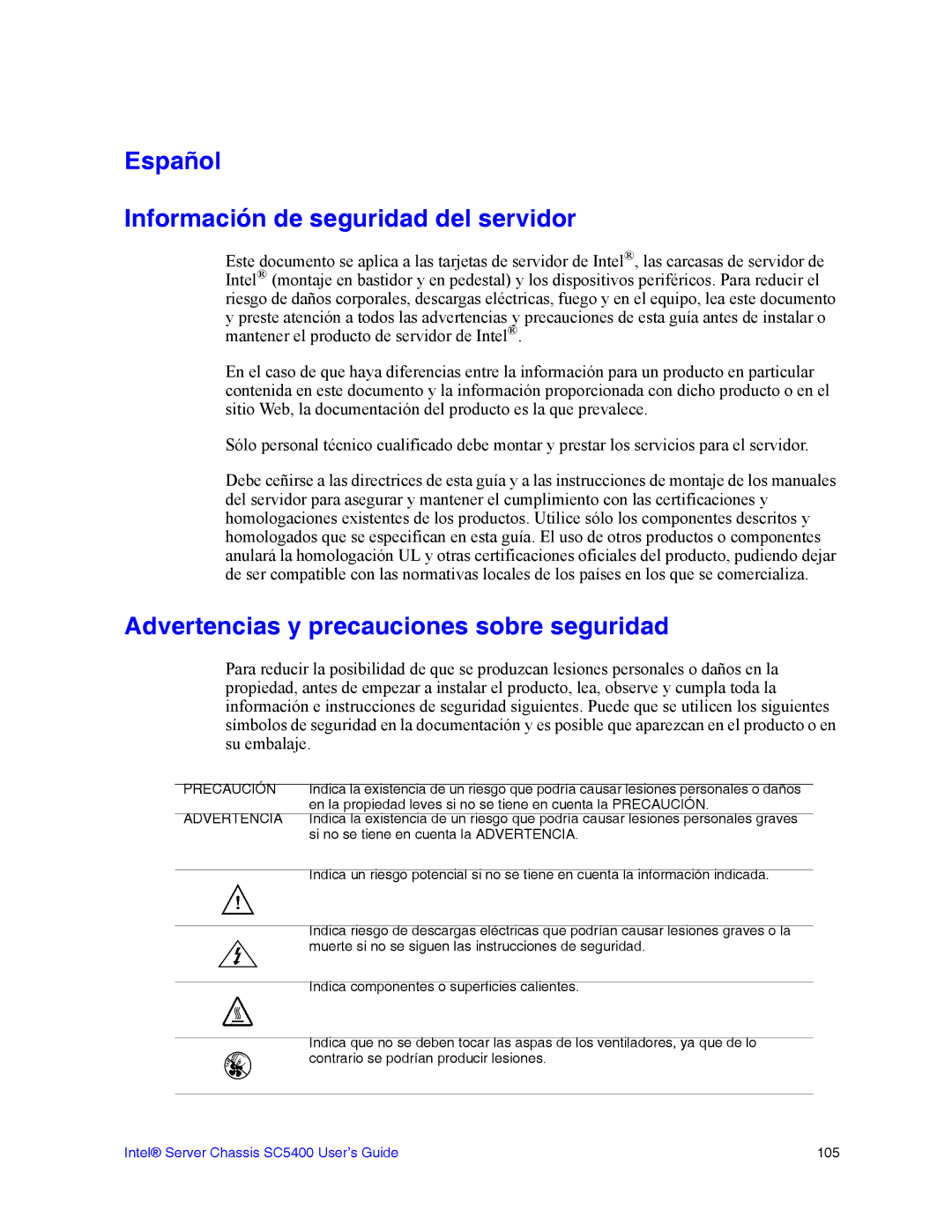 Intel SC5400 manual Español Información de seguridad del servidor, Advertencias y precauciones sobre seguridad 