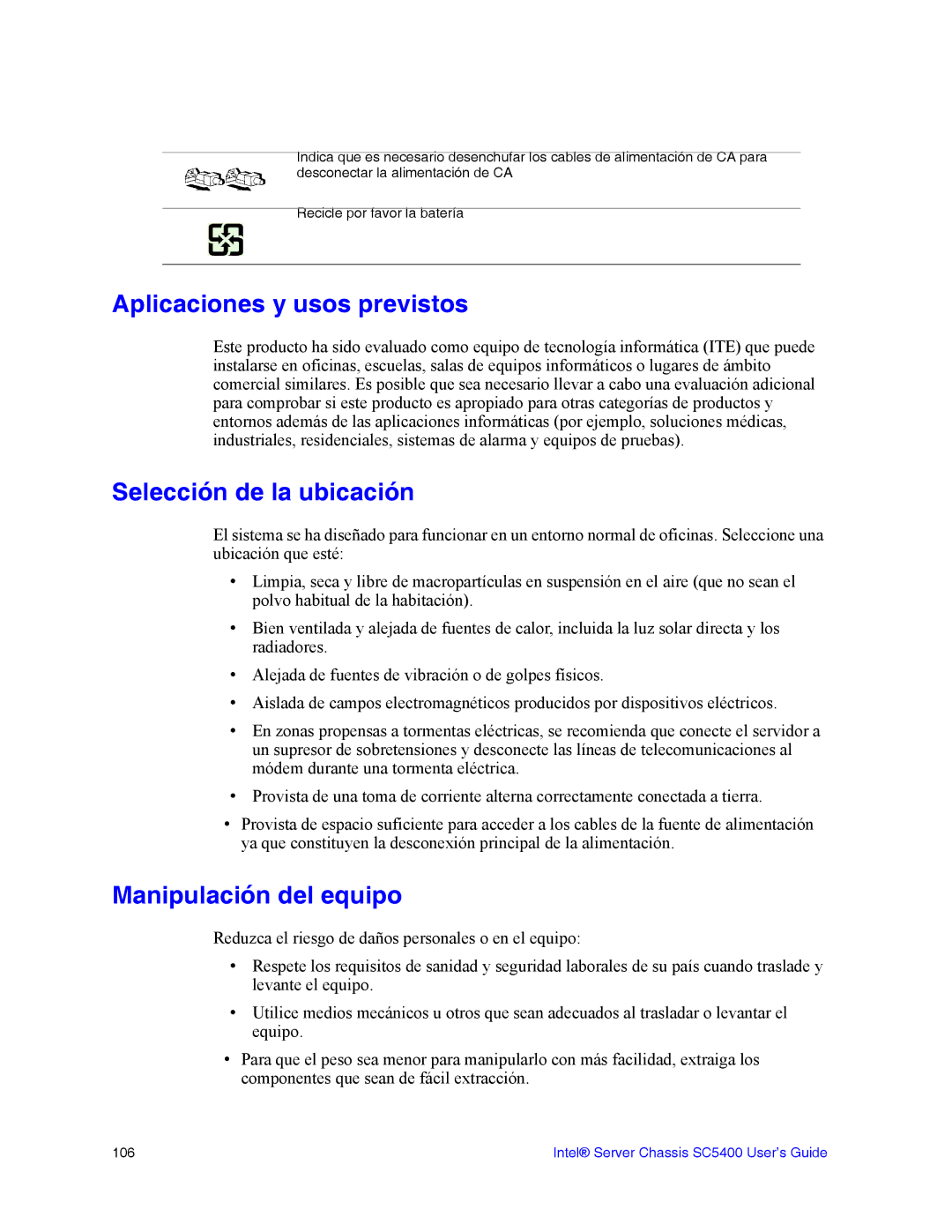 Intel SC5400 manual Aplicaciones y usos previstos, Selección de la ubicación, Manipulación del equipo 