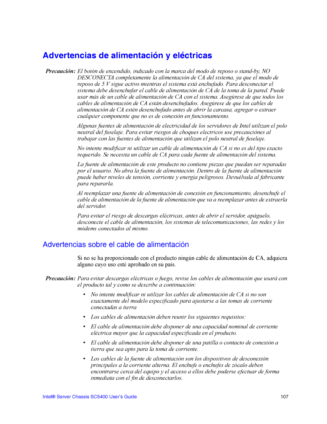 Intel SC5400 manual Advertencias de alimentación y eléctricas, Advertencias sobre el cable de alimentación 