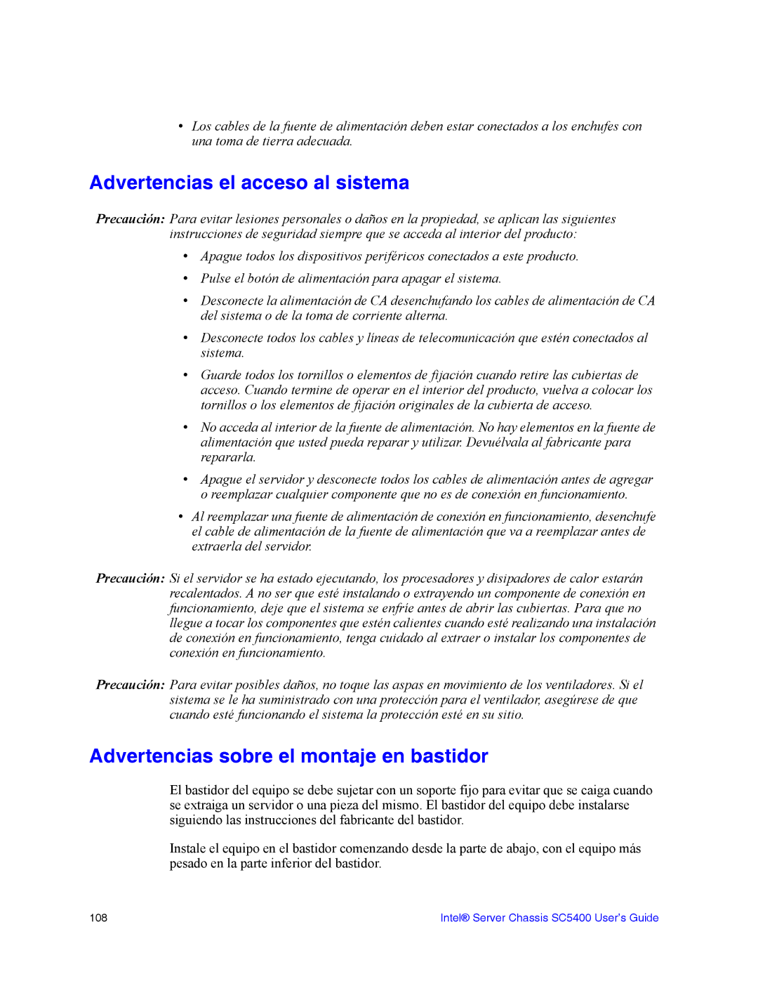 Intel SC5400 manual Advertencias el acceso al sistema, Advertencias sobre el montaje en bastidor 