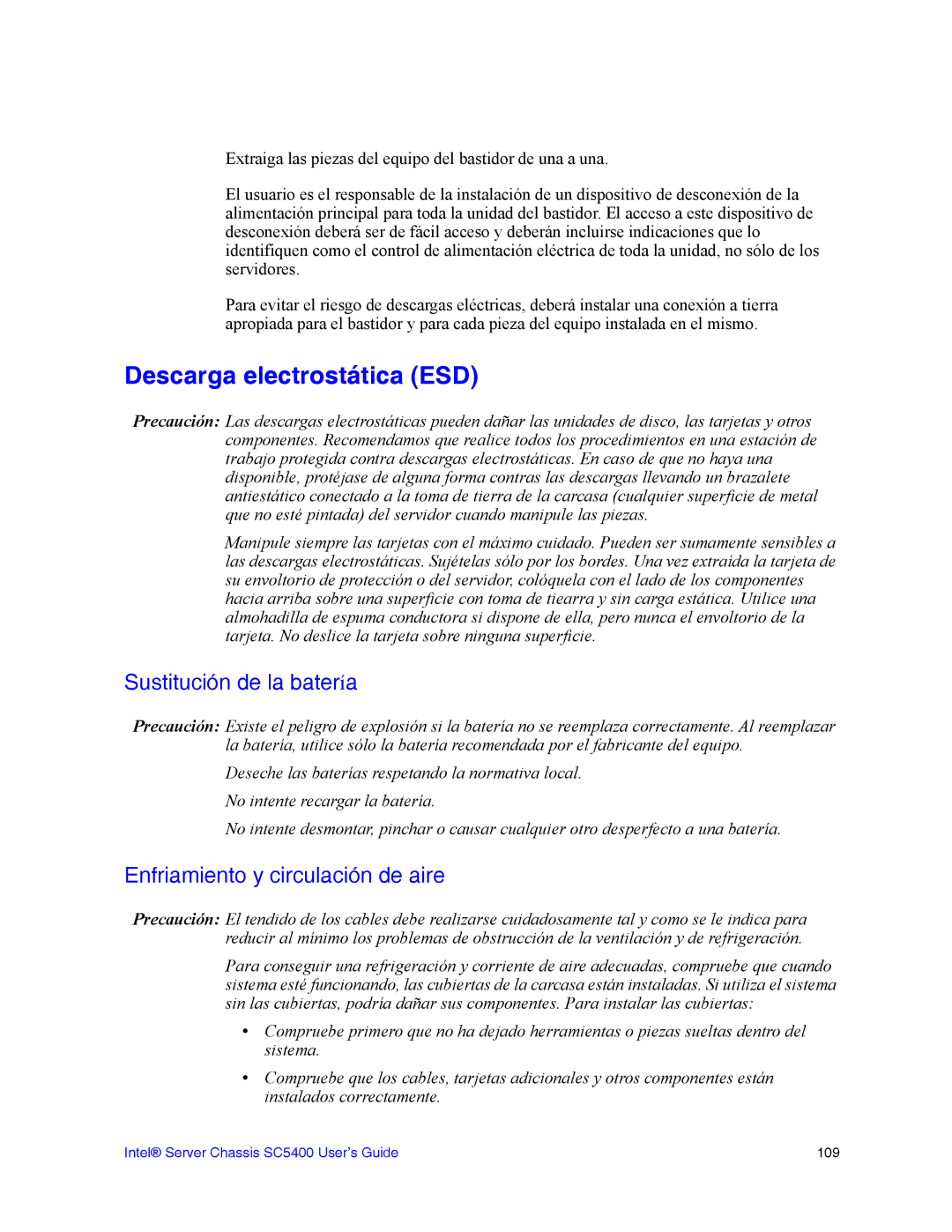 Intel SC5400 manual Descarga electrostática ESD, Sustitución de la batería, Enfriamiento y circulación de aire 