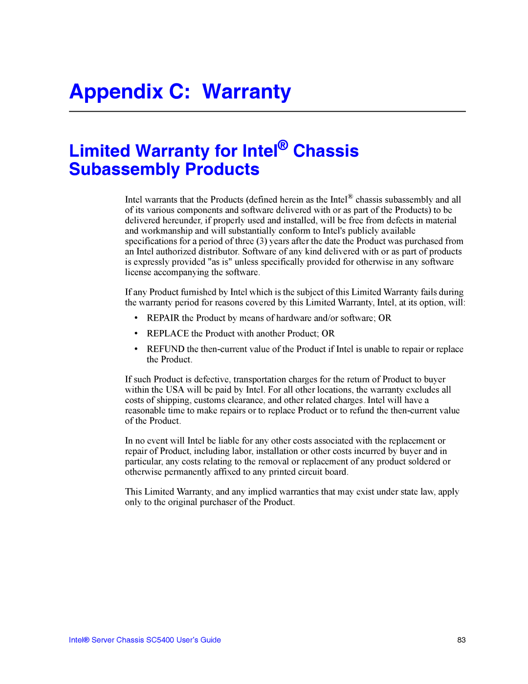 Intel SC5400 manual Appendix C Warranty, Limited Warranty for Intel Chassis Subassembly Products 