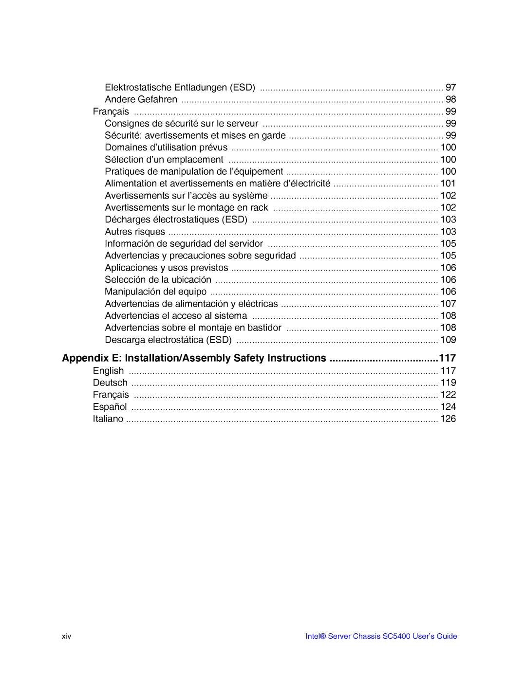 Intel SC5400 manual Appendix E Installation/Assembly Safety Instructions 117 