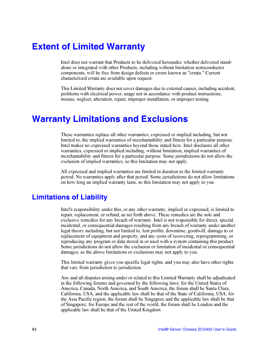 Intel SC5400 manual Extent of Limited Warranty, Warranty Limitations and Exclusions, Limitations of Liability 