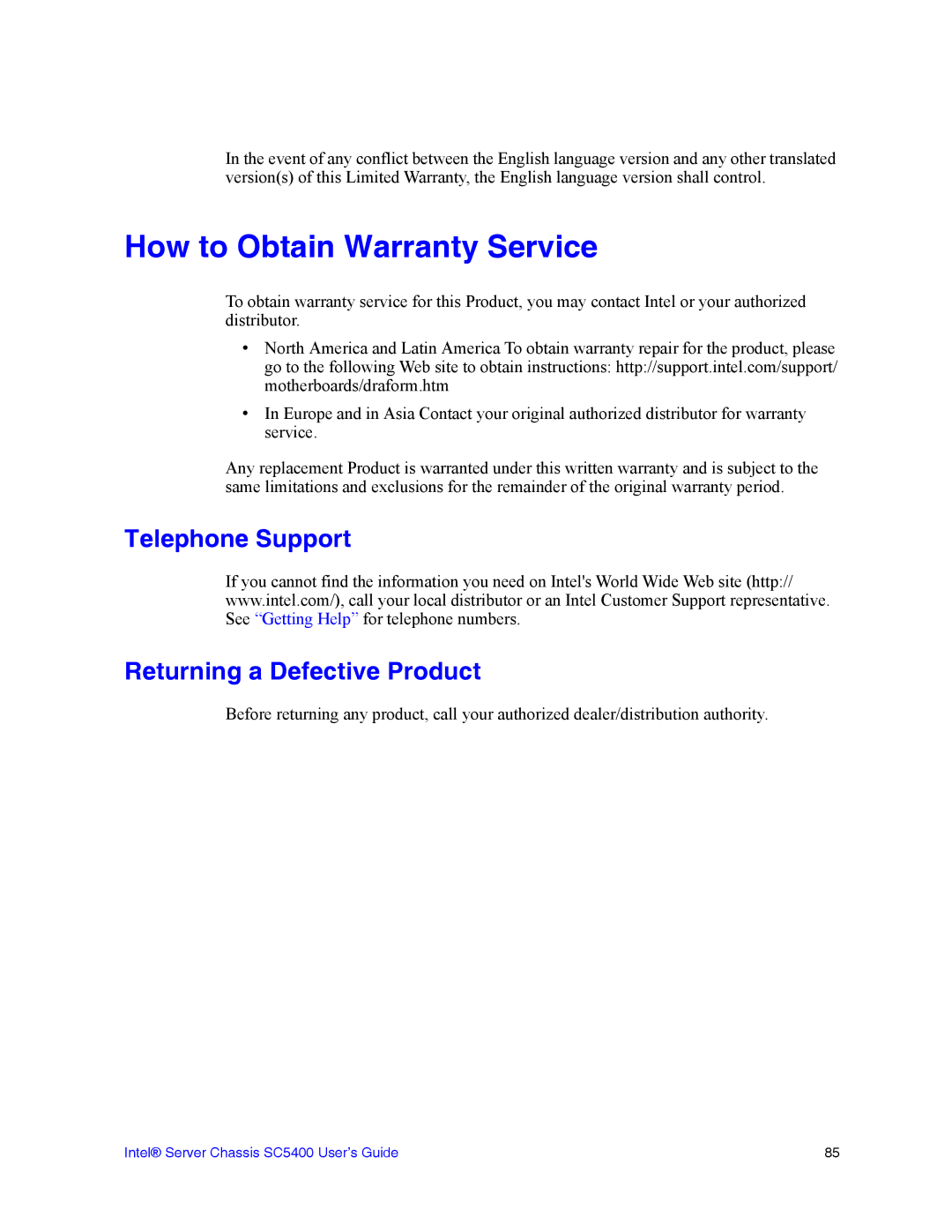 Intel SC5400 manual How to Obtain Warranty Service, Telephone Support Returning a Defective Product 