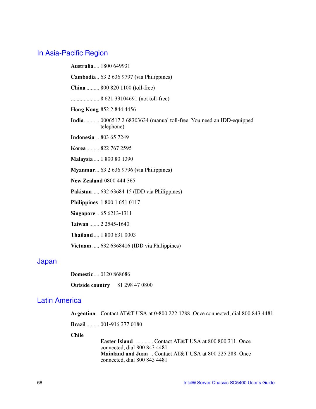 Intel SC5400 manual Asia-Pacific Region, Japan, Latin America 