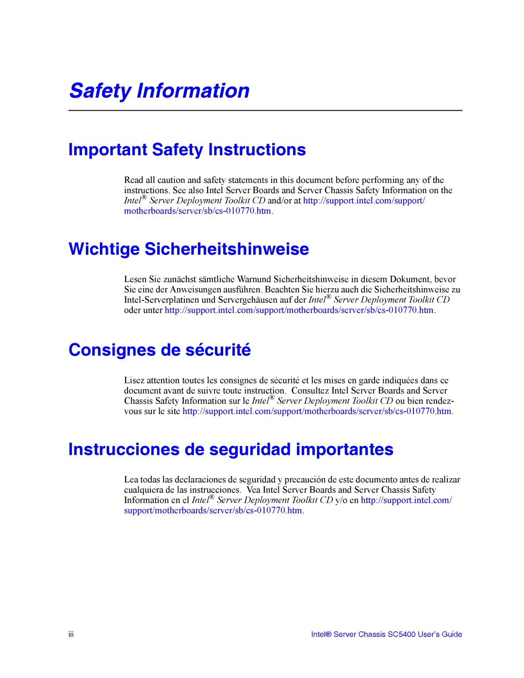 Intel SC5400 manual Safety Information 