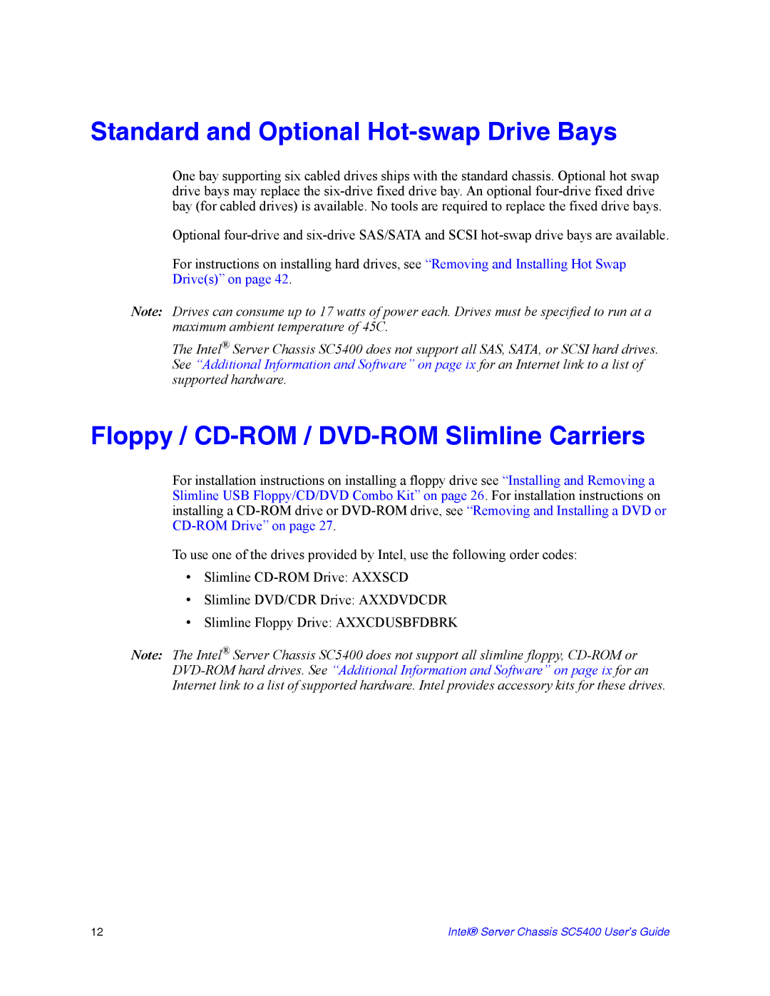 Intel SC5400 manual Standard and Optional Hot-swap Drive Bays, Floppy / CD-ROM / DVD-ROM Slimline Carriers 