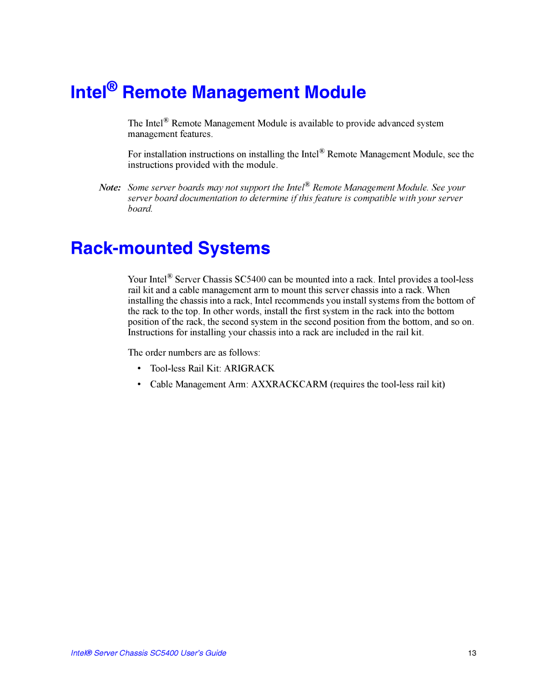 Intel SC5400 manual Intel Remote Management Module, Rack-mounted Systems 