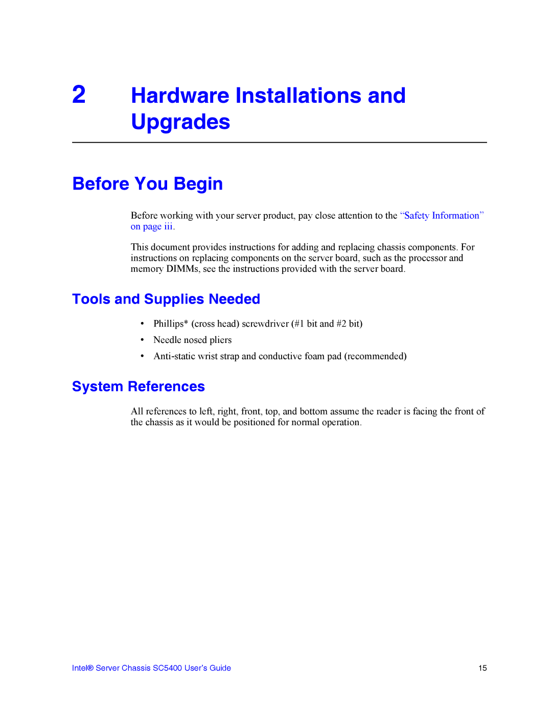 Intel SC5400 manual Before You Begin, Tools and Supplies Needed, System References 